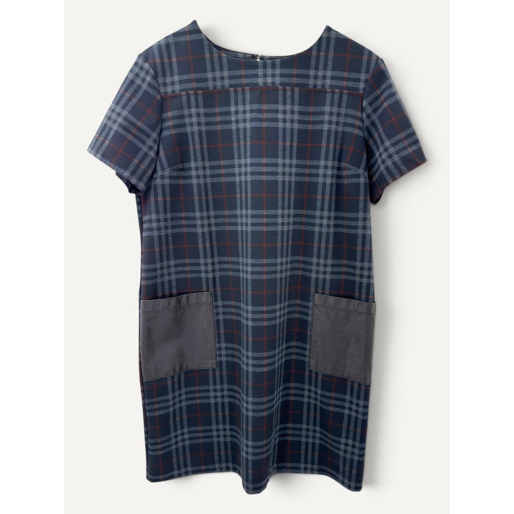 Plaid Shift Dress Lagenlook Faux Leather Pockets Short Sleeve M Office Mod Retro